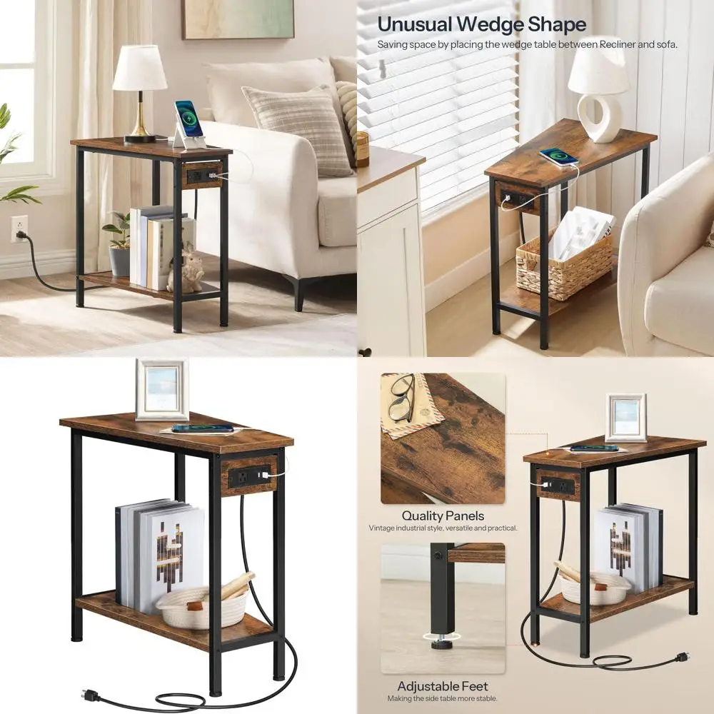 

Wedge End Table with Charging Station, Recliner Wedge Side Table with Open Storage Shelves, Industrial Triangle Accent Table for