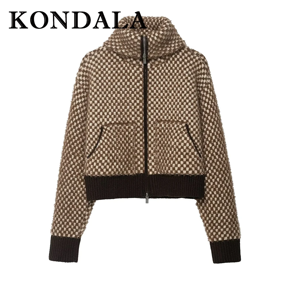 

KONDALA Chic 2024, осенняя женская повседневная вязаная куртка-пилот, модная лоскутная уличная одежда из искусственного меха с карманами на молнии, женская винтажная куртка