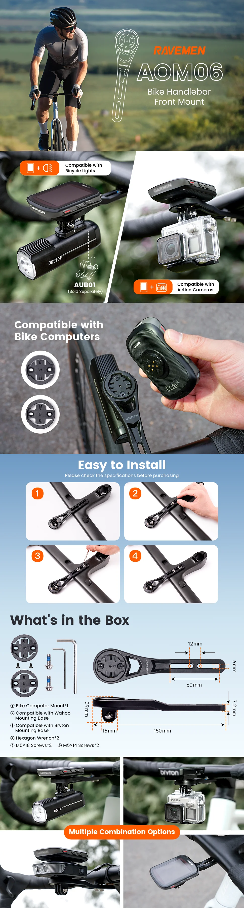 RAVEMEN AOM06 Fahrradhalterung für Garmin Wahoo Bryton GPS GoPro Out-Front Fahrradhalterung, leichte Halterung, Aero-integriertes Design, langlebig – Detail 1