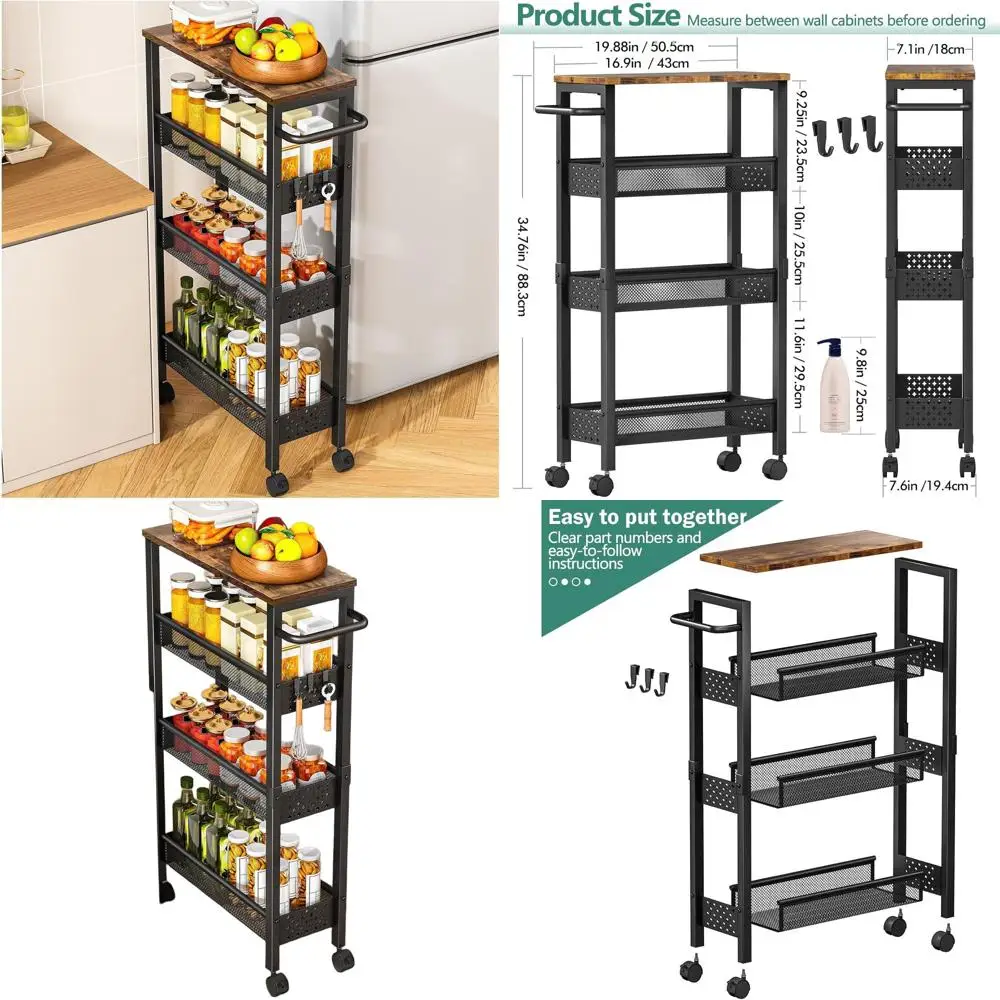 

4-Tier Rolling Storage Cart with Wooden Top for Kitchen, Bathroom, and Laundry - Space-Saving Black