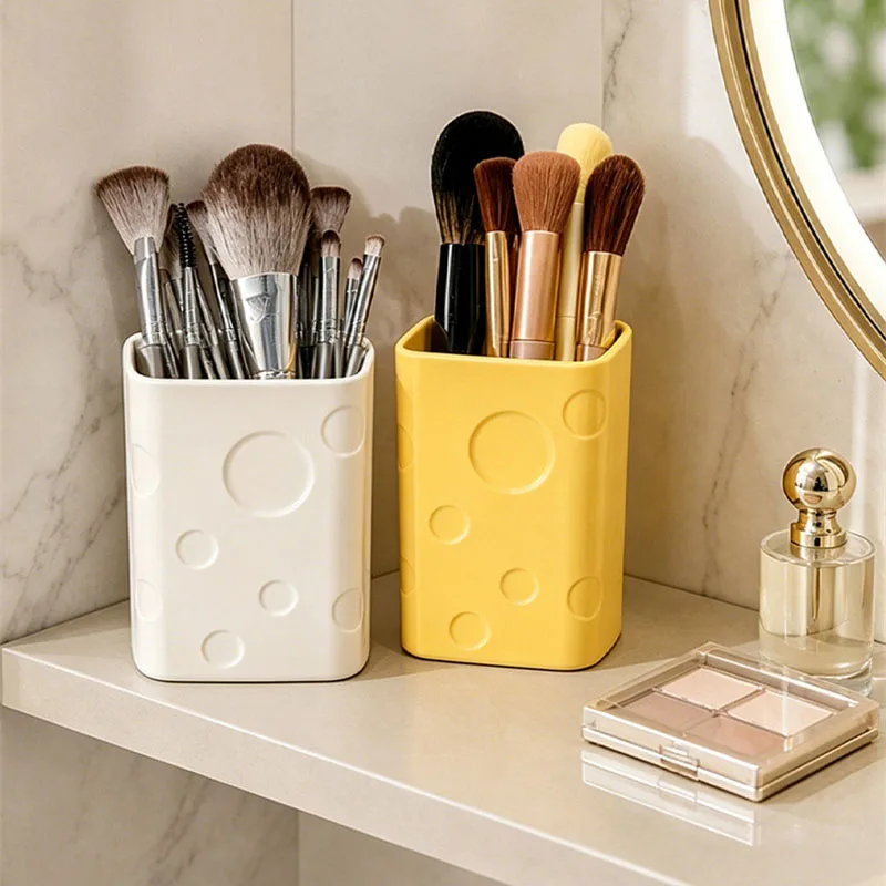 Cute Cheese Embossed Makeup Brush Storage Bucket Plastic Square Cosmetic Tools Storage Buckets Desktop Brushes Combs Container