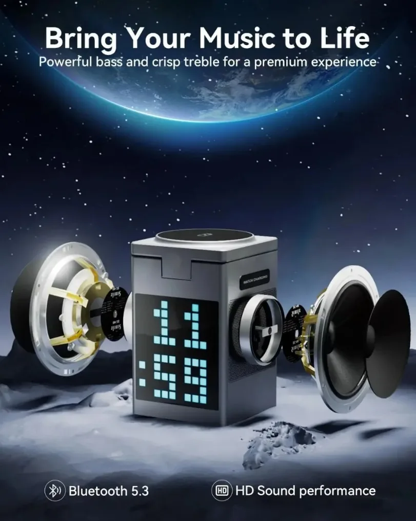 شاحن لاسلكي مغناطيسي قابل للطي 6 في 1 سمّاعات بلوتوث وساعة منبه وكبس كرتوني لهاتف iPhone 16 ~ 12 iWatch Airpods 3 Pro