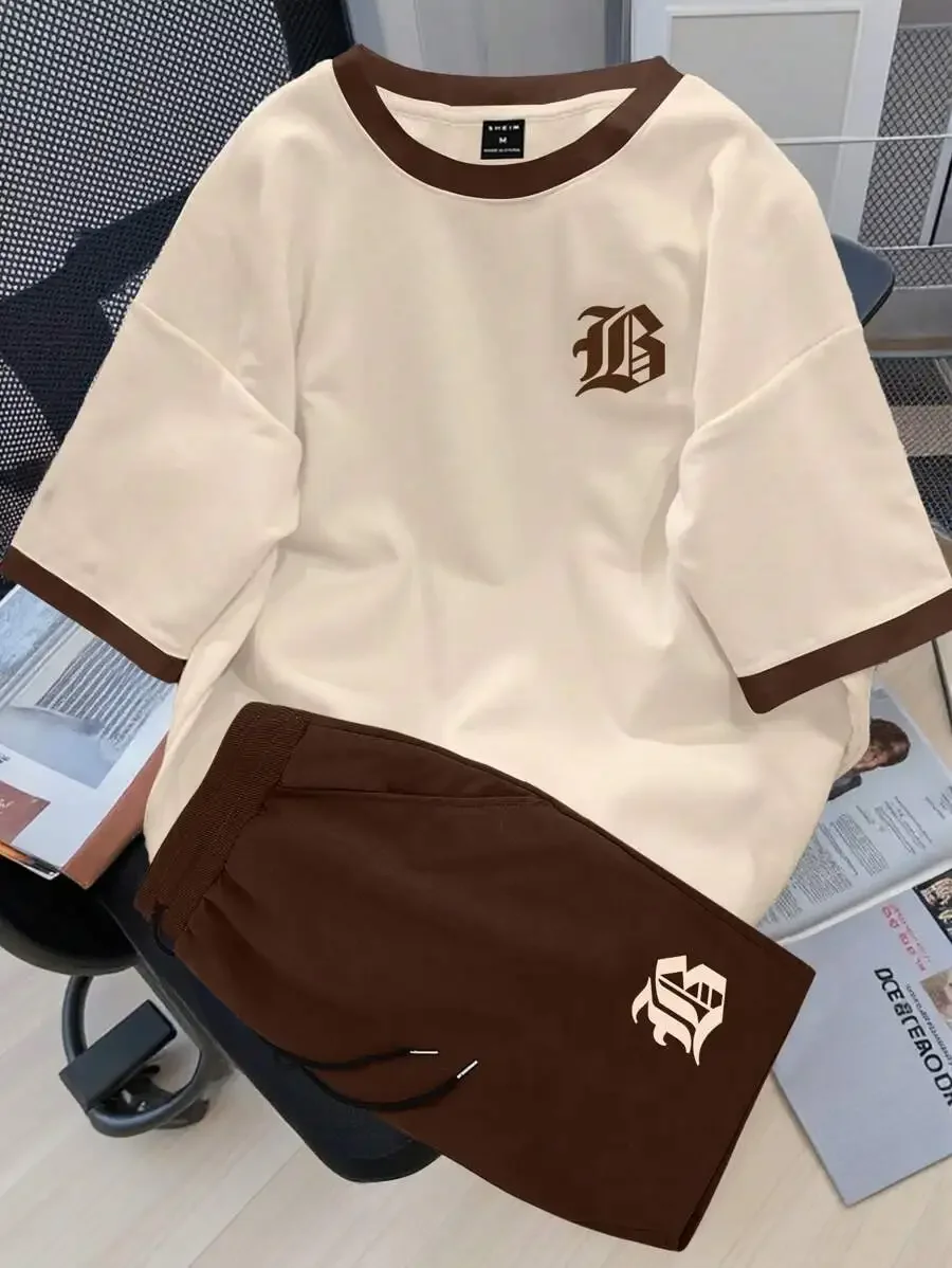 

Casual Mens Letter Print Color Block Round Neck Short Sleeve T-Shirt And Drawstring Shorts Set