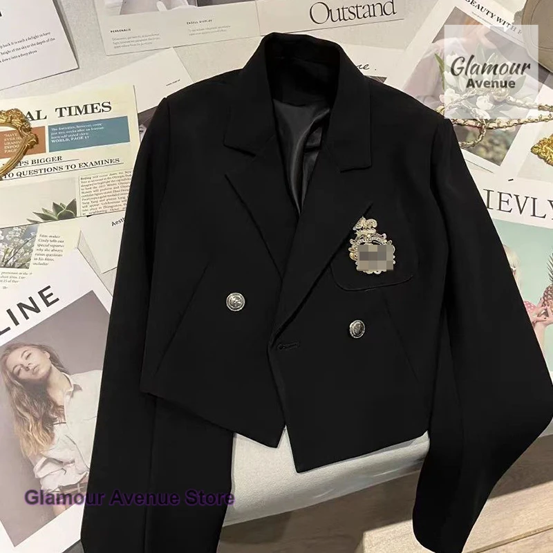 

French-style fashion black short college western wind jacket women's spring and autumn fashion button design casual suit jacket
