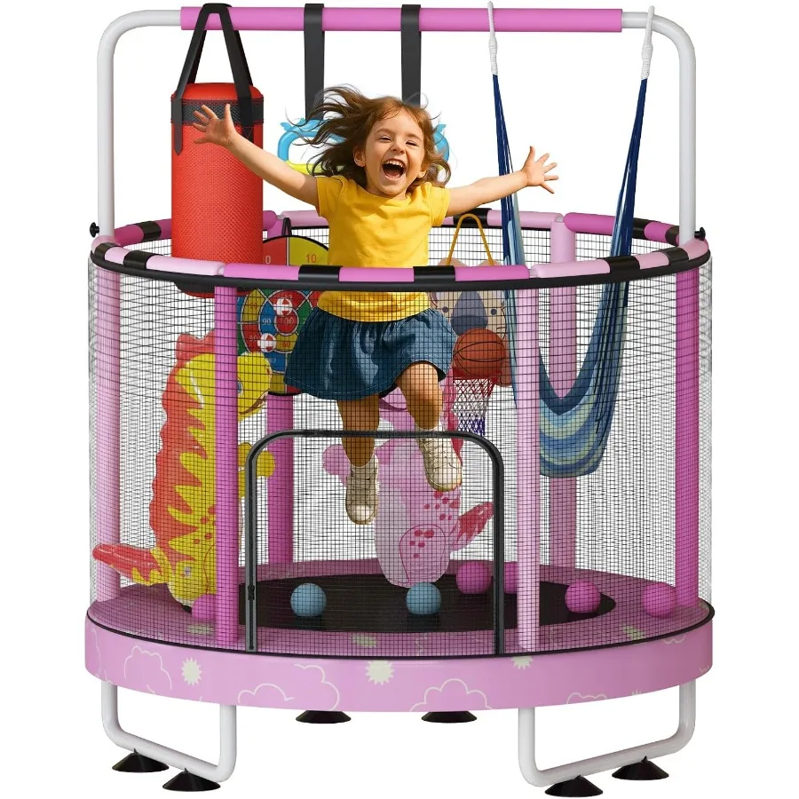 Trampolina okrągła 55 cali 7-w-1 dla dzieci w wieku 1-8 lat, do użytku wewnątrz i na zewnątrz, z regulowaną wysokością, poręczą, zamkniętą siatką ochronną, wytrzymała stalowa konstrukcja.