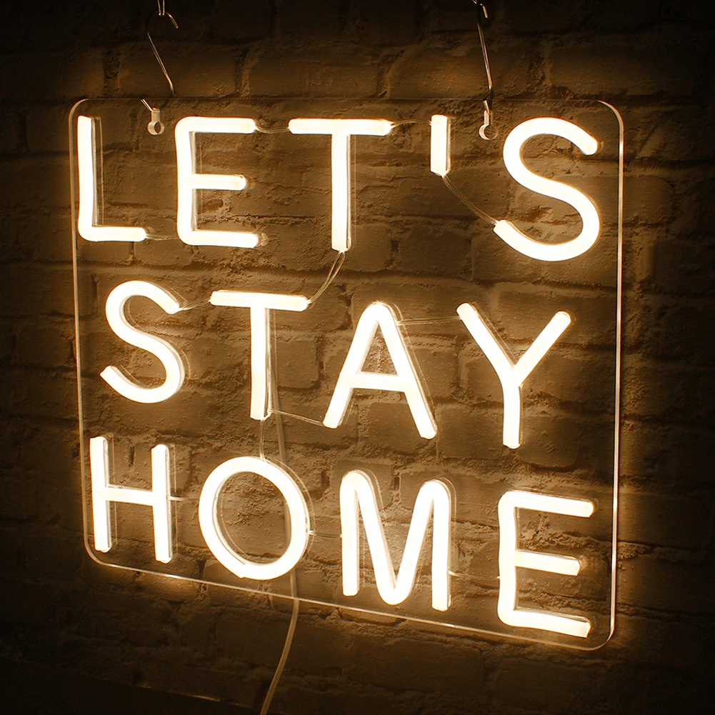 Let's Stay Home lampu Neon LED pesta pernikahan, lampu LED estetika kamar tidur rumah Game kamar seni kepribadian lampu dekorasi dinding hadiah