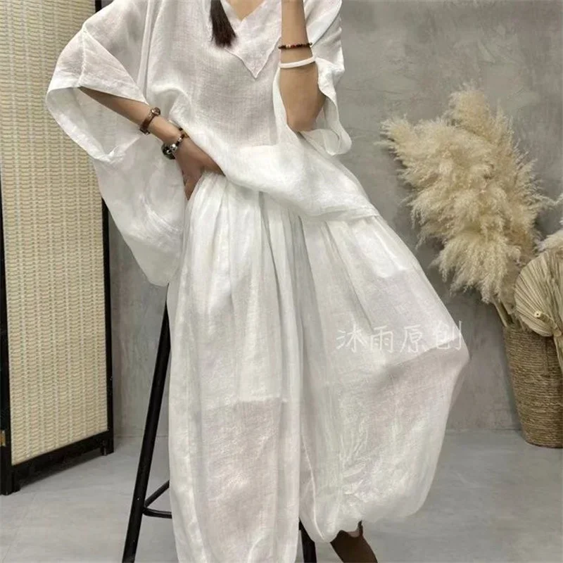 Loose Ramie Set for Women Large Size with Bat Sleeves V-neck Cotton Linen T-shirt Casual Lantern Pants Two-Piece Set for Summer