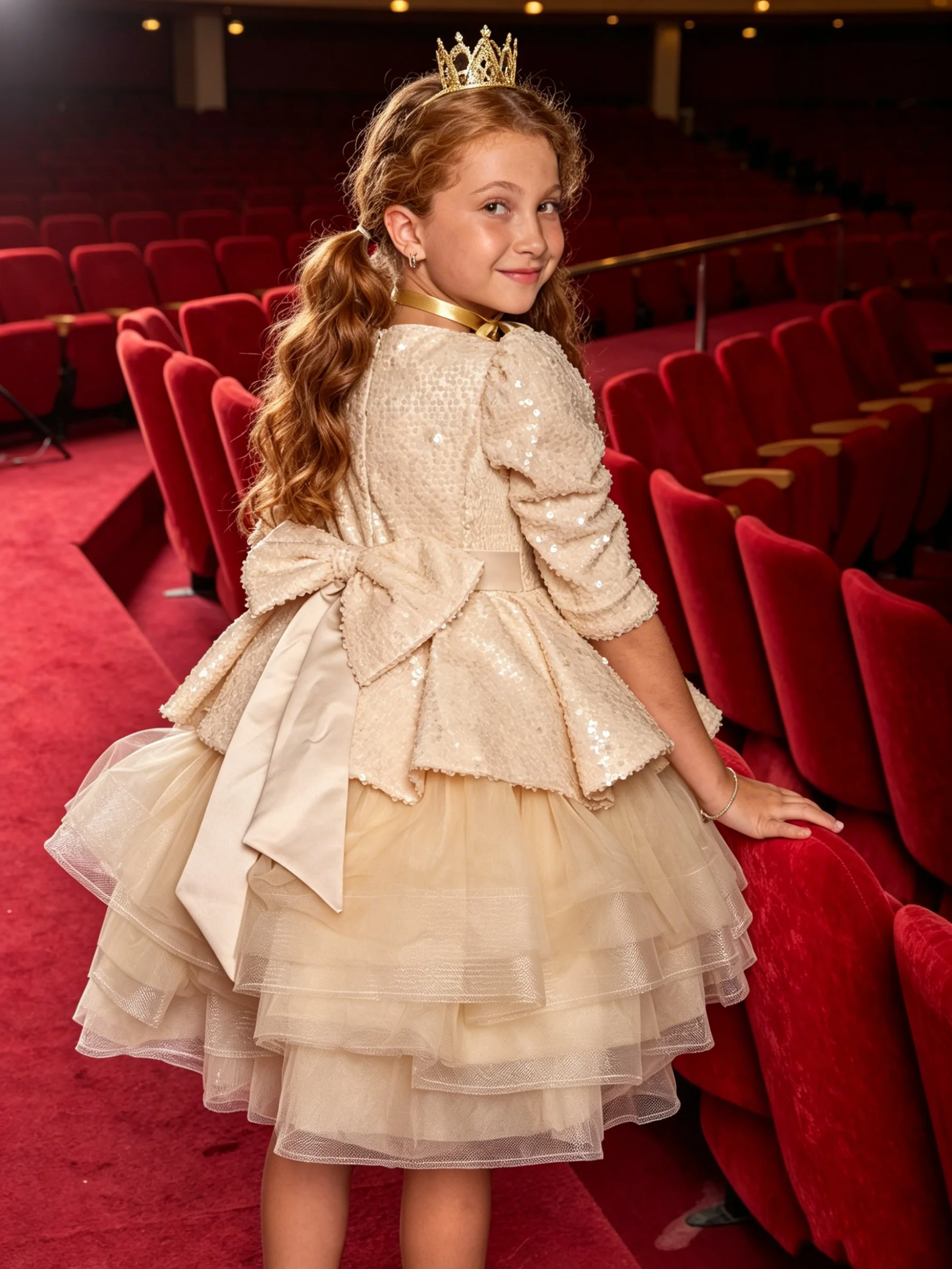 Custom Champagne Sequin Flower Girl Gown 3 Quarter Sleeve Puffy Tiered Tulle Cake Skirt Oversized Satin Back Bow Children Weddin