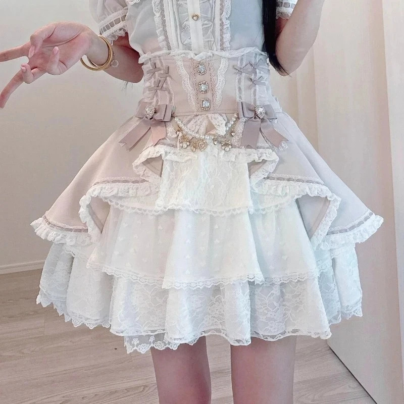 2026 Japanese Kawaii Lolita Mini Cake Skirt Girls Gothic Y2k Short Skirt Women Sweet Elegant Diamond Bow Pearl Chain Slim Skirt