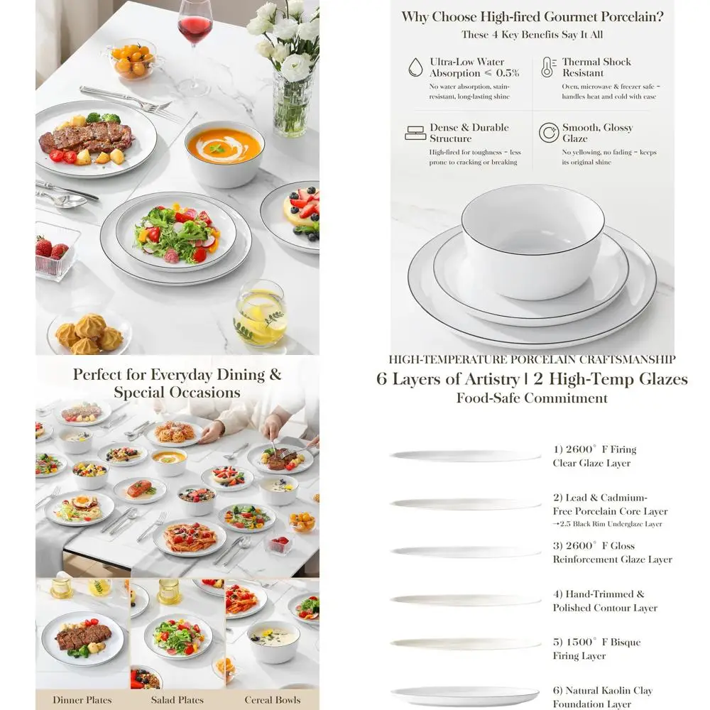 

Набор фарфоровой посуды из 8 предметов, высококачественные тарелки и миски, подходят для микроволновой печи и посудомоечной машины, белые с черными ободками