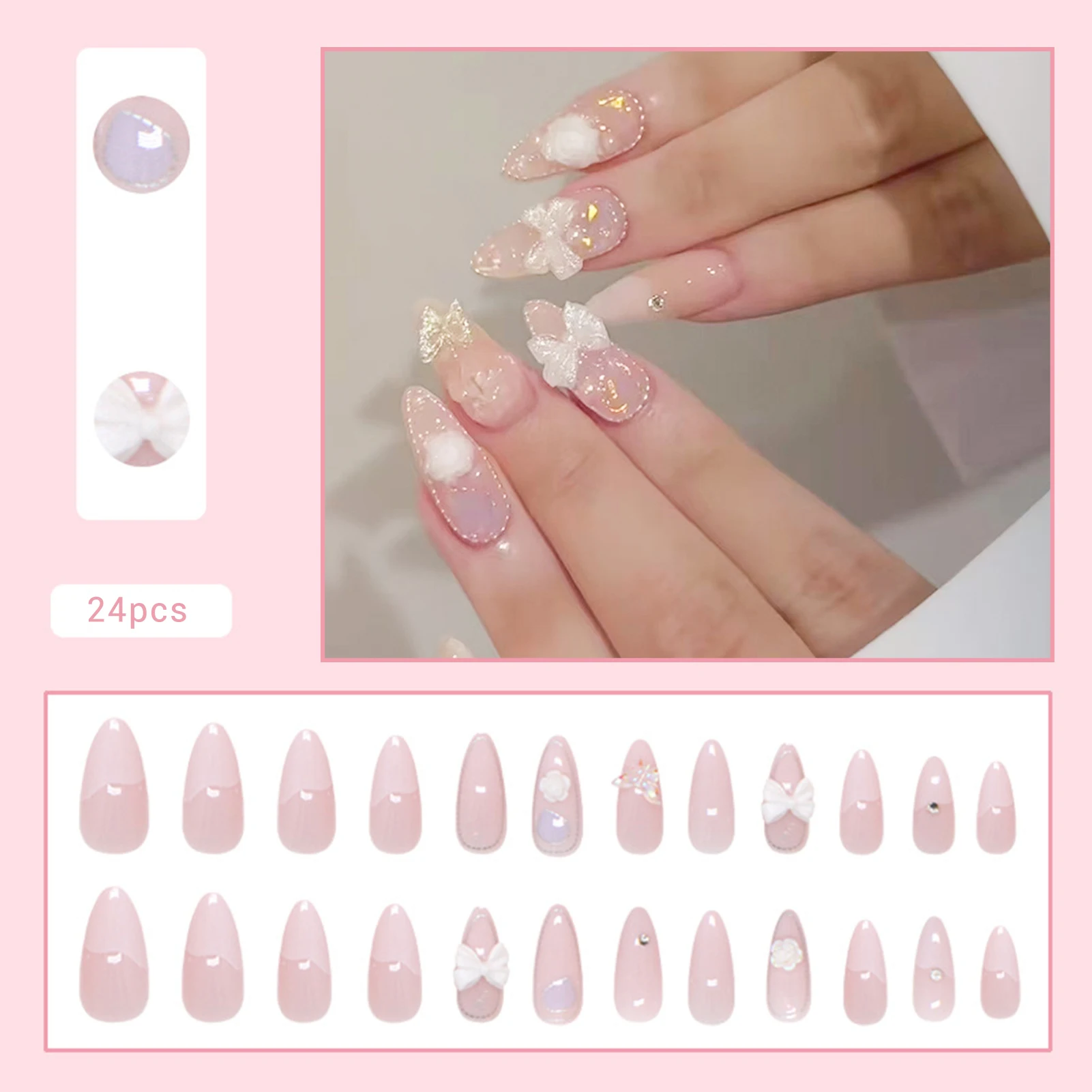 24pcs Sweet Pink Almond False Nails Shimmery Diamond Bowknots Butterfly Decor Press On Nails Korean Wearable Fake Nail For Women