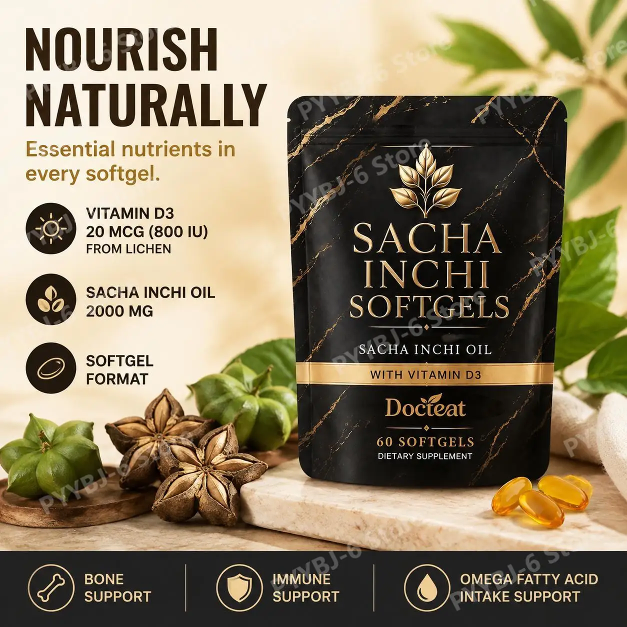 Docteat Sacha Inchi Oil Softgels with Lichen-Derived Vitamin D3 for Bone and Immune Support and Softgel Absorption, 60 Softgels
