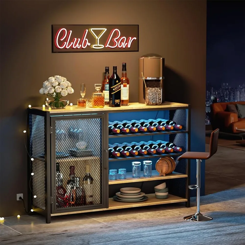 

49" Wine Bar Cabinet with RGB LED Lights - Corner Bar with Power Outlet for Dining and Living Rooms