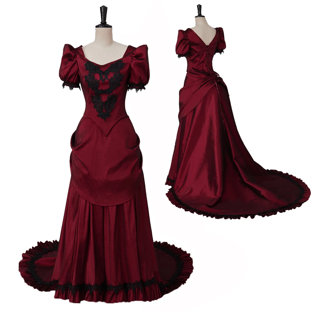 Victorian Red Bustle Ball Dress Vintage Evening Dress Gothic Red Square Collar Ball Gown Southern Belle Dress Halloween Clothing