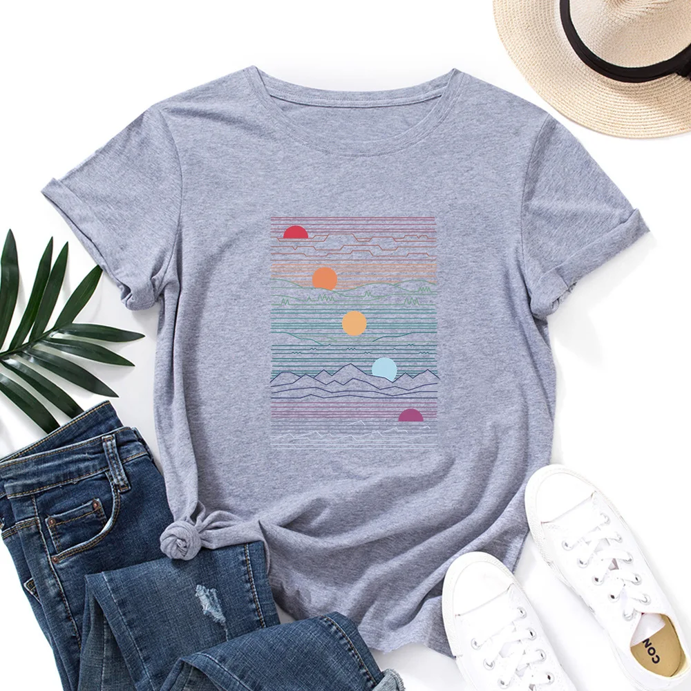 Women Tee Oversize Tops 2024 100% Cotton Summer T-Shirt Woman Loose Shirts Fashion Sunrise Print Casual Kawaii Mujer Tshirt