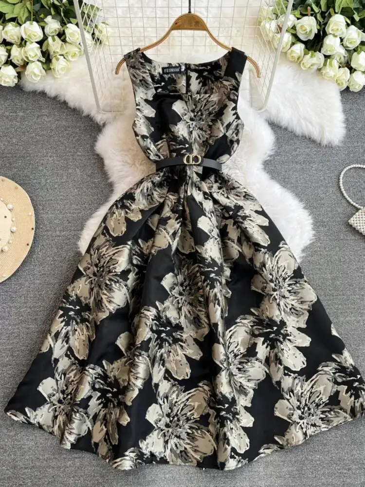 Französisch Schwarz Gedruckt Lange Kleid Frauen Sommer Retro Square Neck Schlank A-linie Blumen Kleider Damen Ärmellose Hohe Taille Lange Robe