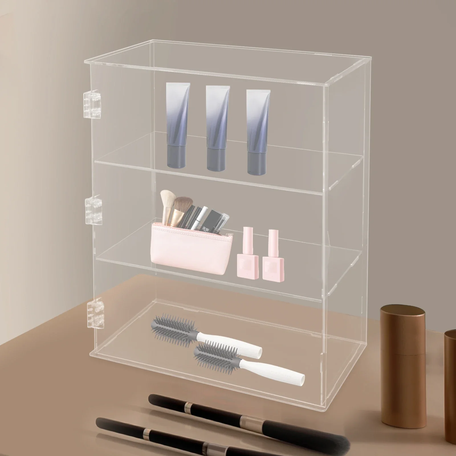 กล่องอะคริลิค 3 ชั้น 360 °   ชั้นวางอะคริลิคใสอเนกประสงค์พร้อมบานตู้สำหรับบ้าน สำนักงาน และงานแสดงสินค้า