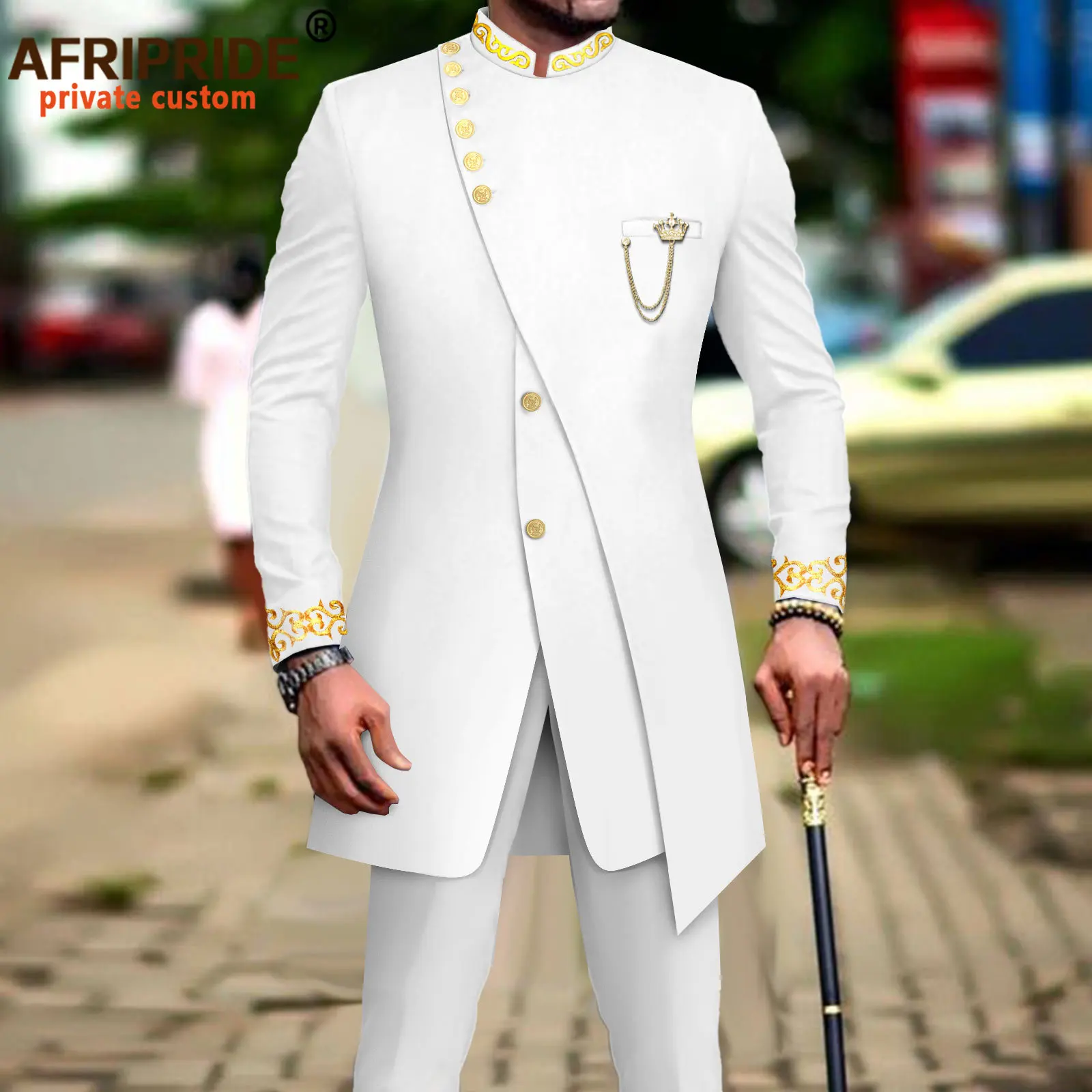 Men`s Suit Double Breasted Slim Fit Embroidery Blazer and Pants 2 Piece Set Dashiki Outfits with Chain African Clothes A2316017