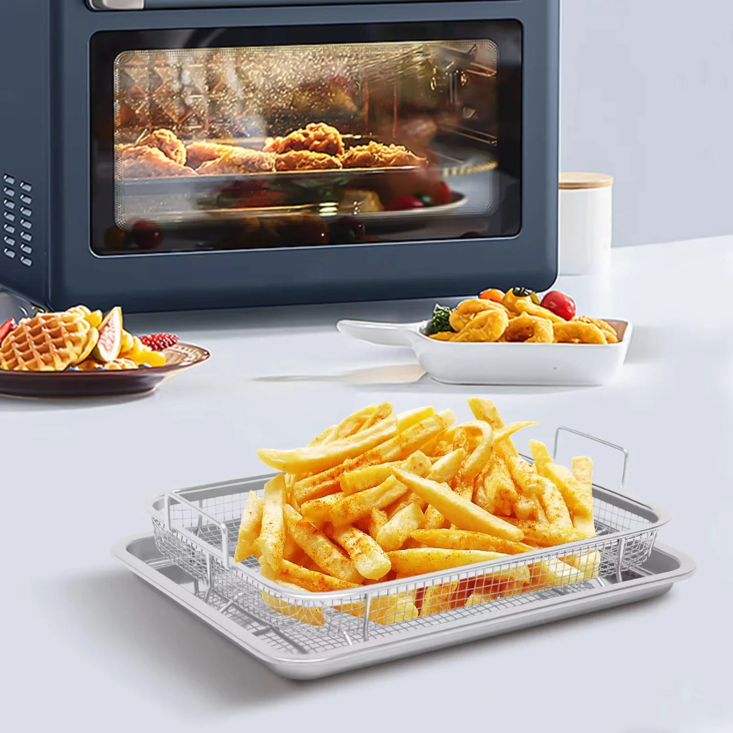 

2 Piece Air Fryer Basket Oven Stainless Steel Tray and Grease Tray Set French Fry/ Food Practical Set Silver