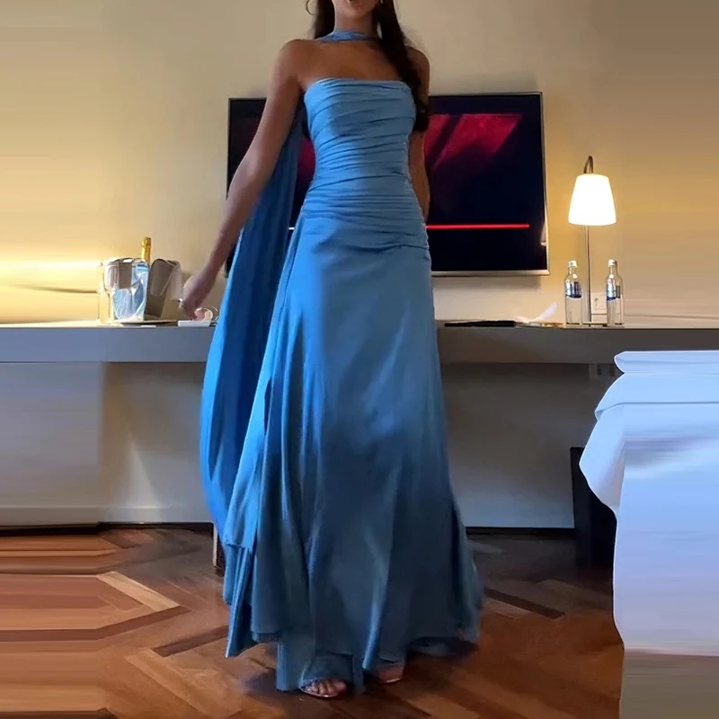 Elegant Strapless Sleeveless Satin Long Dress Sexy Off Shoulder Floating Solid Party Dress Women Fashion Waist Draped Gown Dress