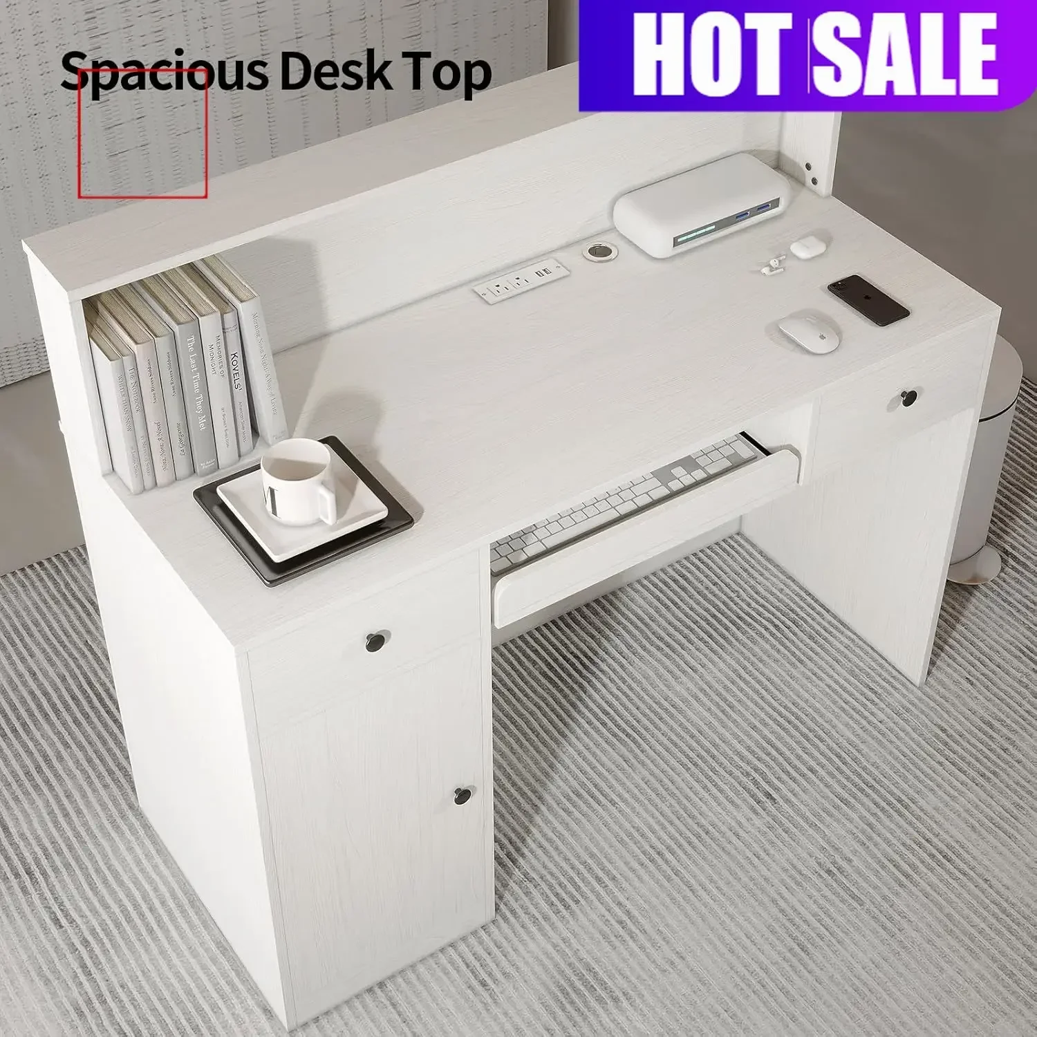 47.2 W 18.7 D 39.4 H White Reception Desk LED Lights Power Outlets Drawers Salon Lobby Office Checkout Retail Counter