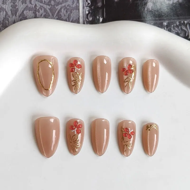10Pcs New Chinese Style Nude Pink Short Almond Press On Nails Gentle Style Gilded 3D Butterfly Flower With Cat Eye Nails Plate