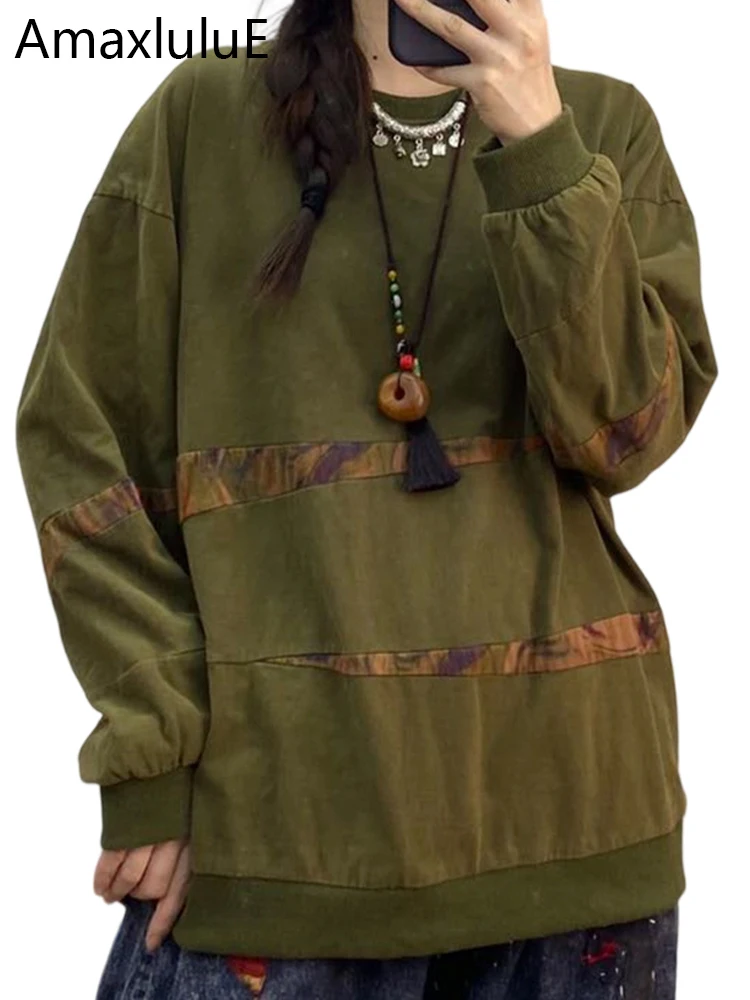 Amax LuluE 2025, herfst dames klassieke losse bedrukte vintage hoodies damesmode patchwork sweatshirts vrije tijd elegante kleding