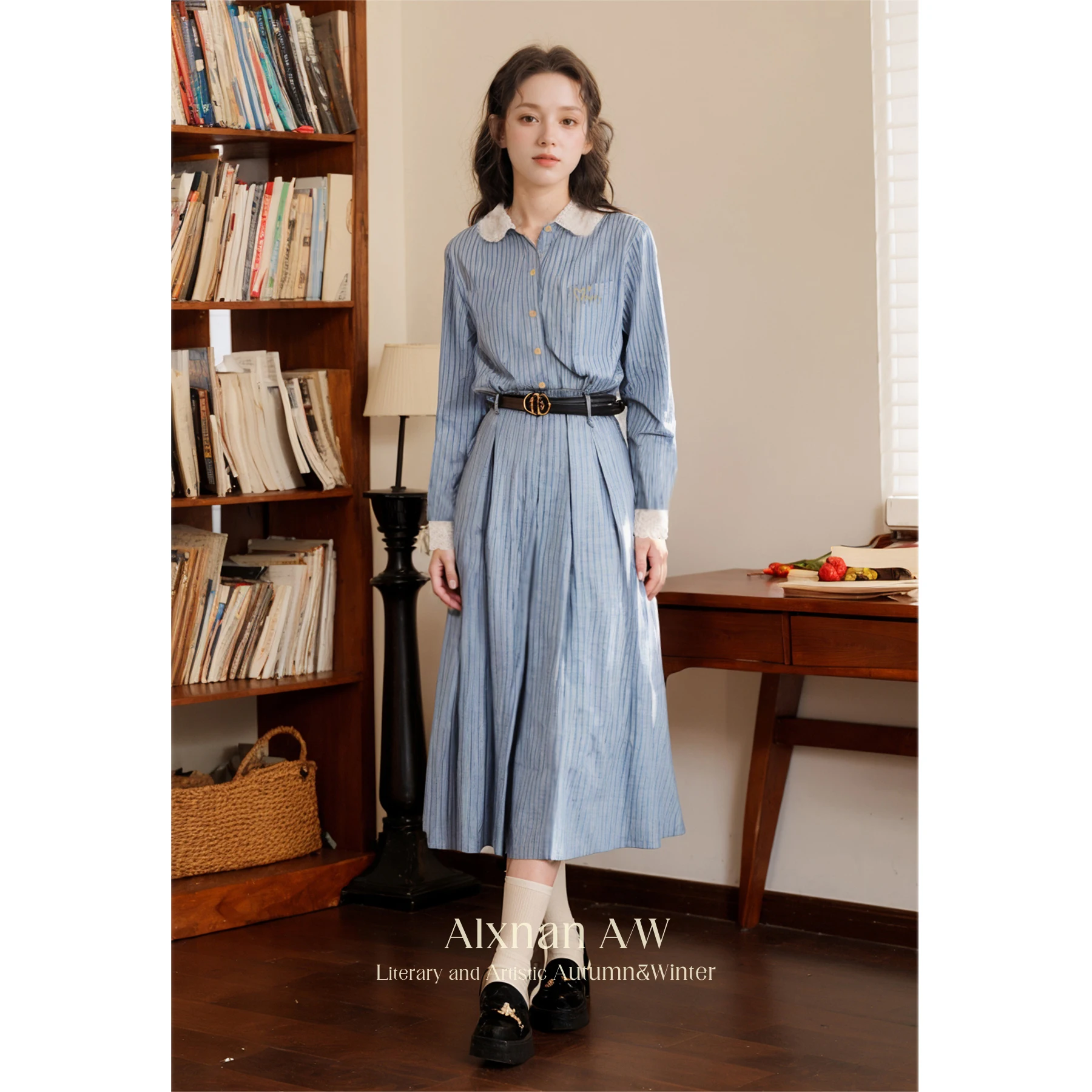 

ALXNAN Women Blue Striped Dress 2024 Autumn Preppy Style A-line Lace Spliced Lapel Collar Long Sleeve Women Dresses A00122