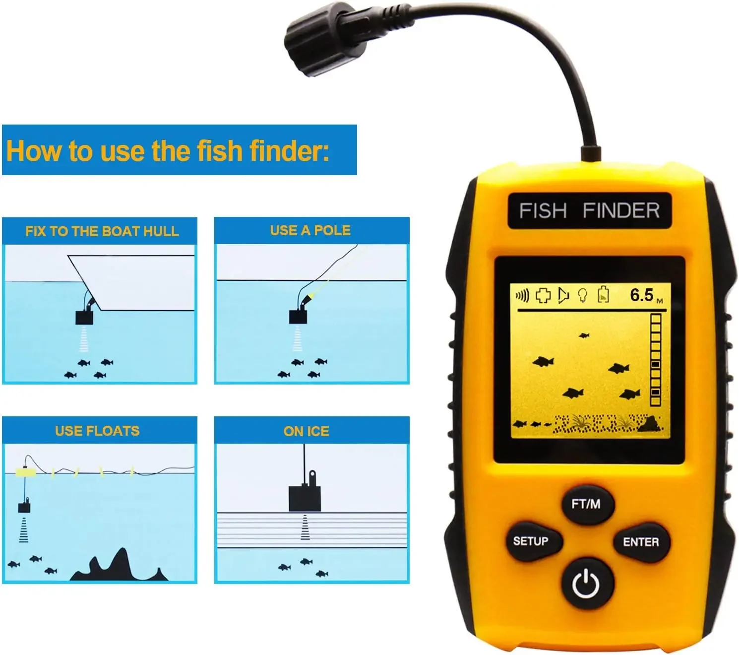 Nuovo aggiornamento palmare Fish Depth Finder Ice Kayak Shore Boat Fishing Fish Detector Device trasduttore sensore Sonar e Display LCD