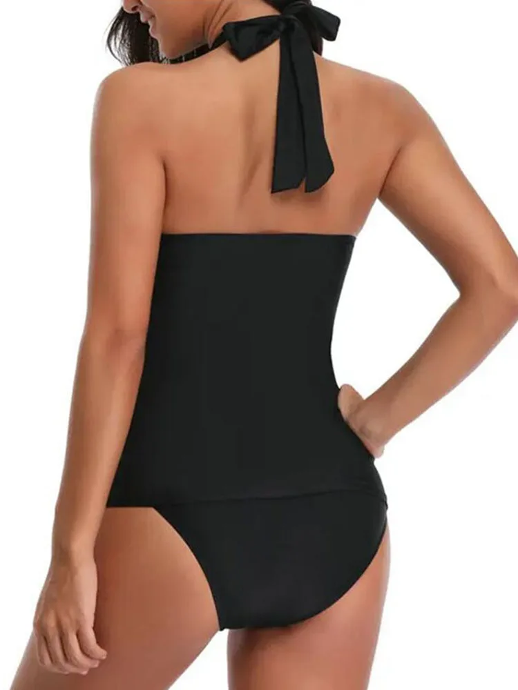 Roupa de banho feminina halter duas peças maiô sólido sexy trajes de banho preto tankini conjunto