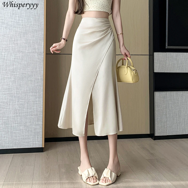 Rock frauen Chinesischen Stil Satin Fischschwanz Rock Plissee Midi Rock Weiblichen Frühling Sommer Vintage Einfarbig Faldones Para Mujer