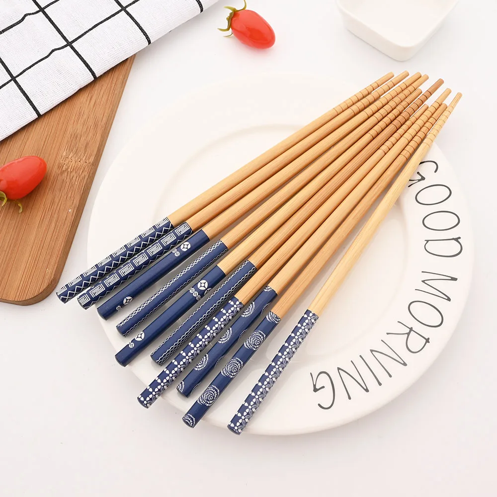 Reusable 5Pairs Tableware Handmade Bamboo Japanese Natural Wood Chopsticks Sushi Food Cat Flower Multi Color Wooden Chop Sticks