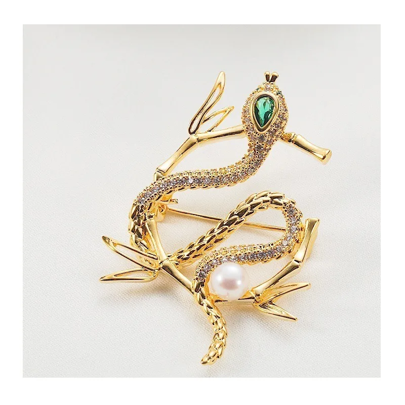 

Bamboo Leaf Golden Snake Brooch Premium Femininity Luxury Blazer Pin Fashion Freshwater Pearl Corsage Accessories