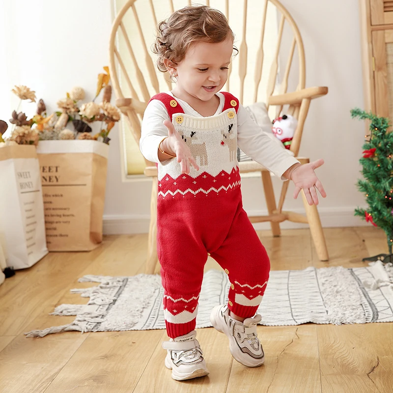 

Рождественский детский комбинезон, вязаный комбинезон для новорожденных девочек, осенне-зимний комбинезон без рукавов для маленьких детей, рождественская одежда, модные милые комбинезоны с лосем