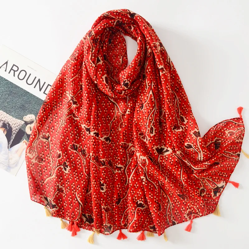 Aztec Ethnic Fashion Lovely Floral Tassel Viscose Shawl Scarf Lady High Quality Thin Pashmina Stole Bufandas Muslim Hijab Sjaal