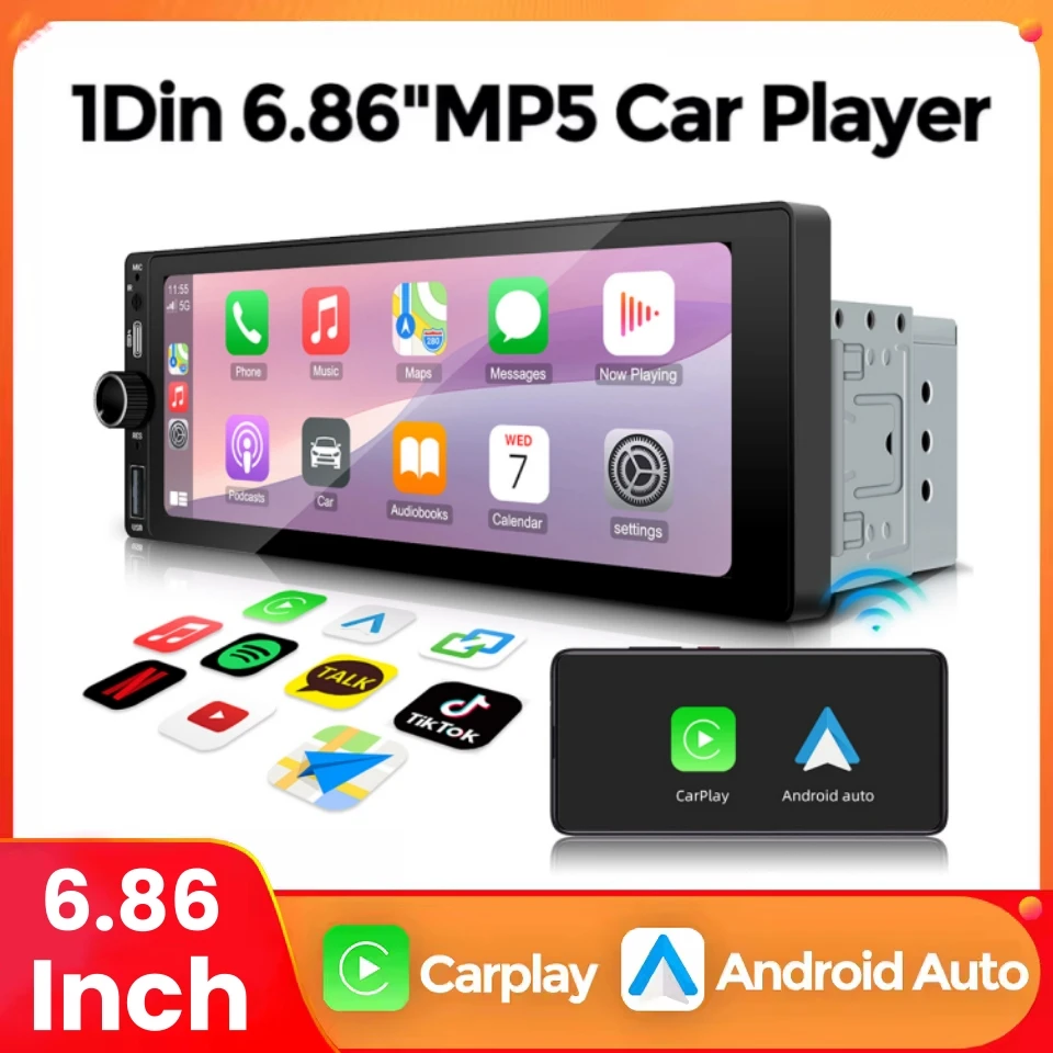 1DIN 6.86 inch HD Touch Screeh Multimedia MP5 Player Auto Radio Wireless CarPlay Android Auto For Universal Car Radio BT FM AUX