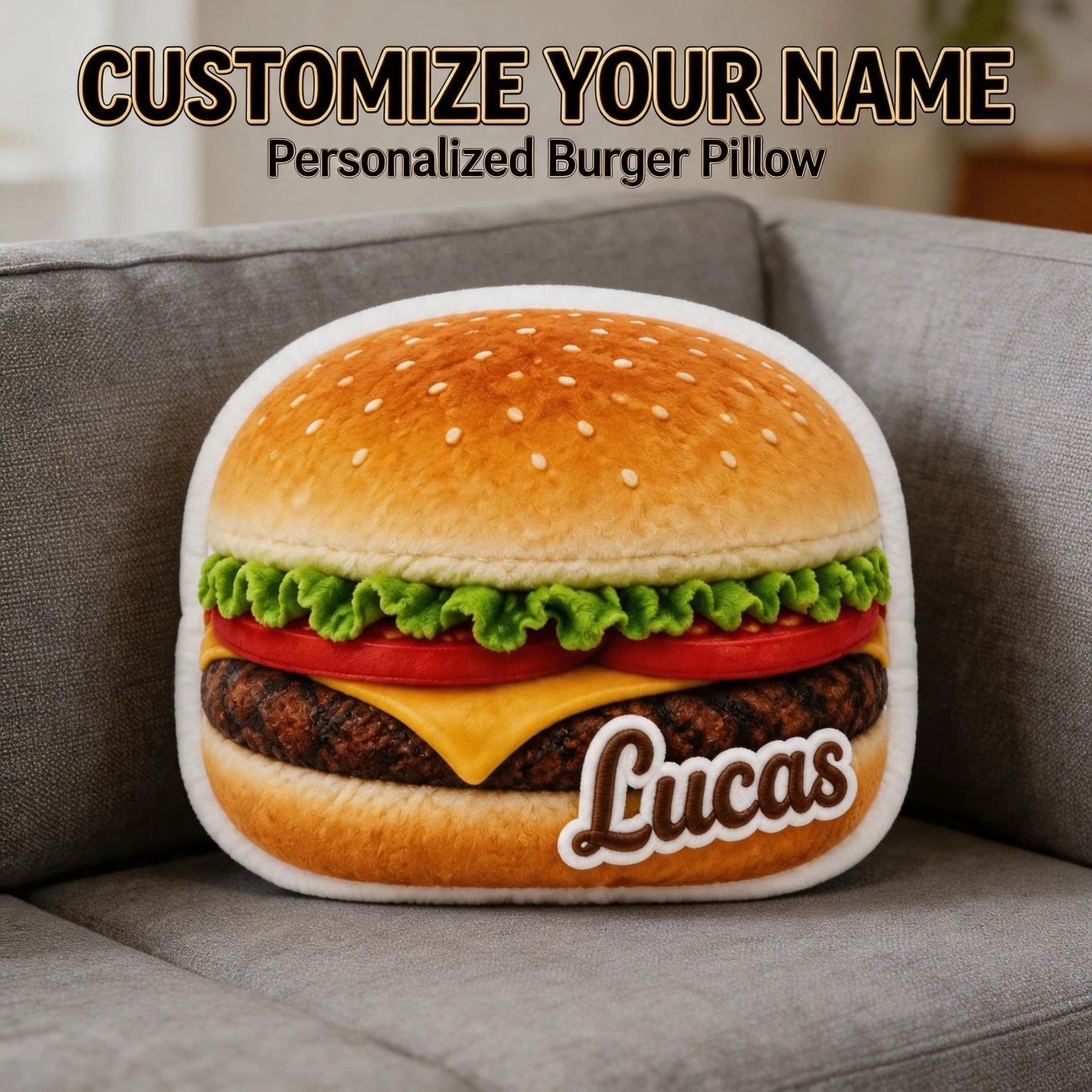 Custom Personalized Photo Hamburger Shaped Pillow, Novelty Food Style Decorative Cushion with Name Text, Unique Home Decor Accen