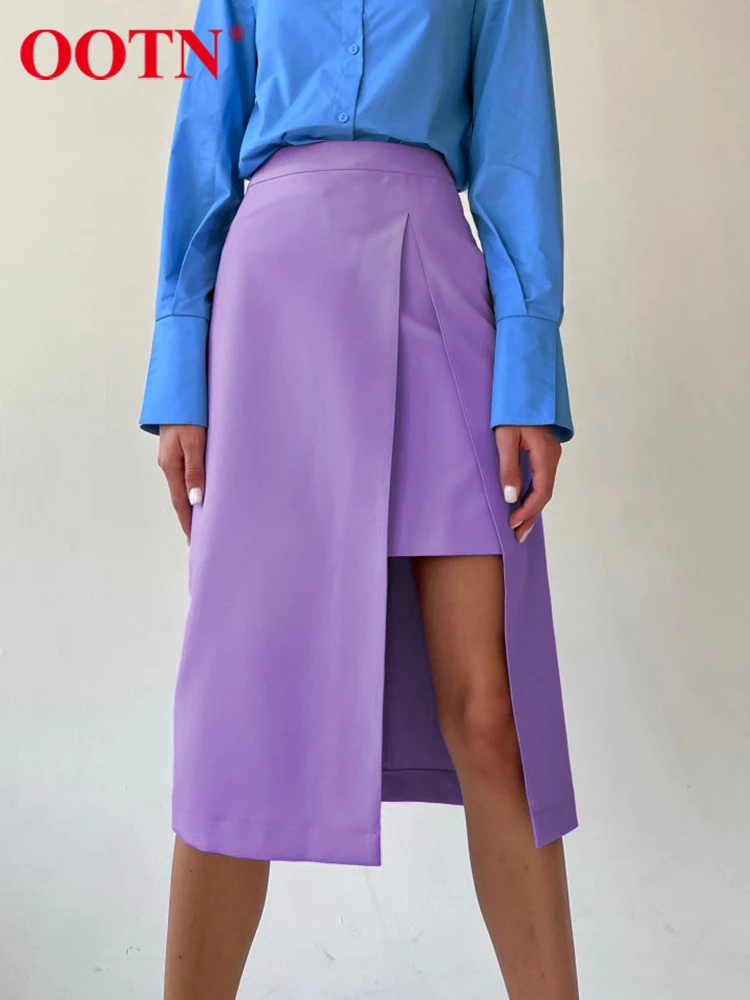 OOTN Street Irregular High Waist A-Line Skirts Office Split All-Match Skirt Women Spring Elegant Blue Mid-Calf Skirts Lady 2024