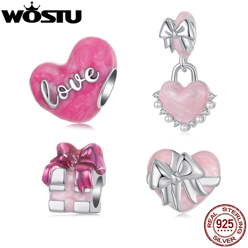 WOSTU Valentine DIY Gift 925 Sterling Silver Pink Love Heart Charm Bow-knot Pearl Pendant  Gift Box Bead fit Original Bracelet