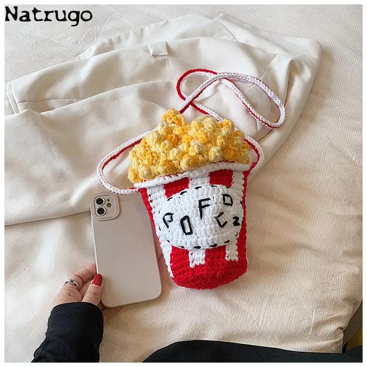 Women Cute Small Shoulder Bag Popcorn Knitted Crossbody Bag Girls\' Phone Bag