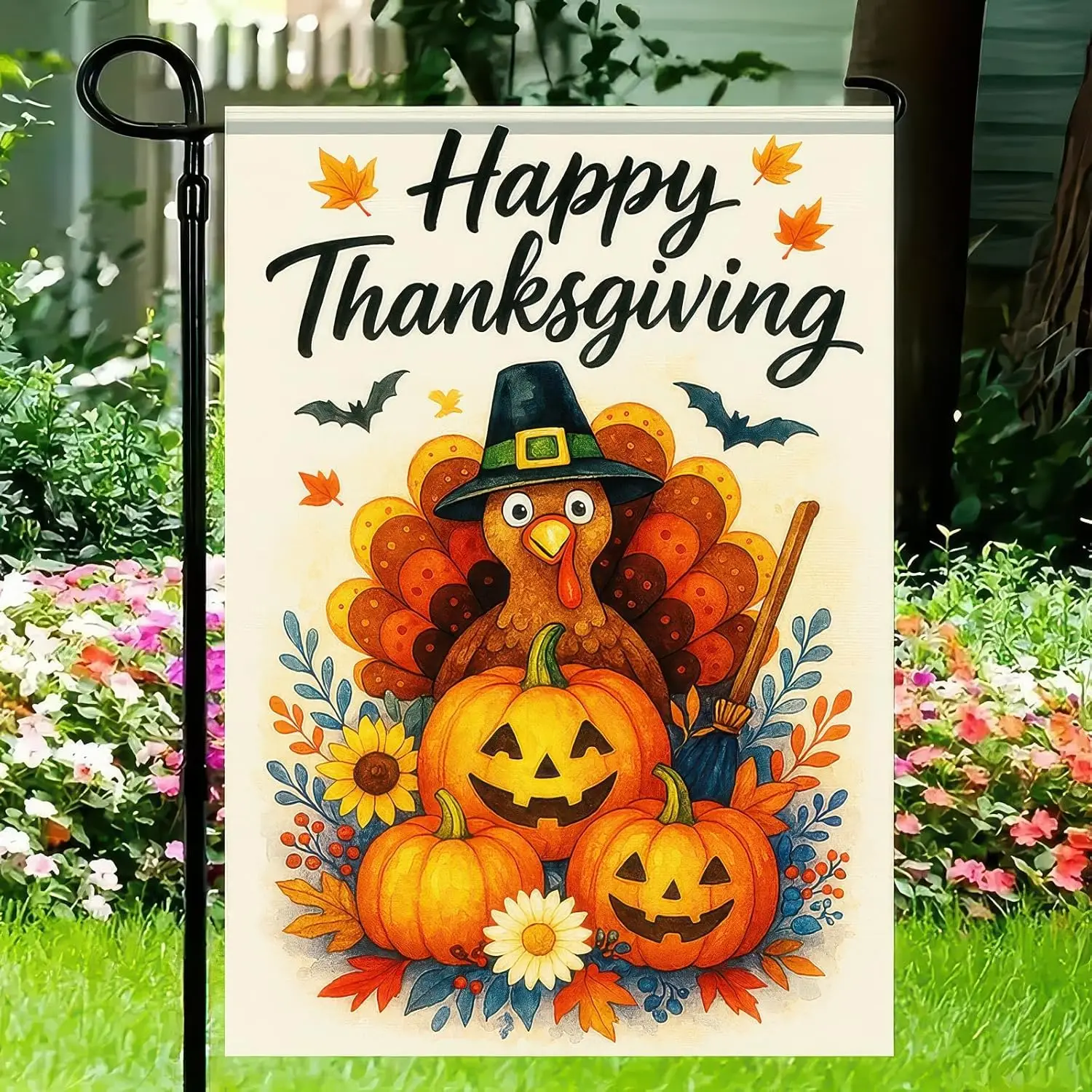 Happy Thanksgiving Garden Flag 12x18 Inch Double-Sided Turkey and Halloween Flag Pumpkin Design Decorative Fall Seasonal for SSL