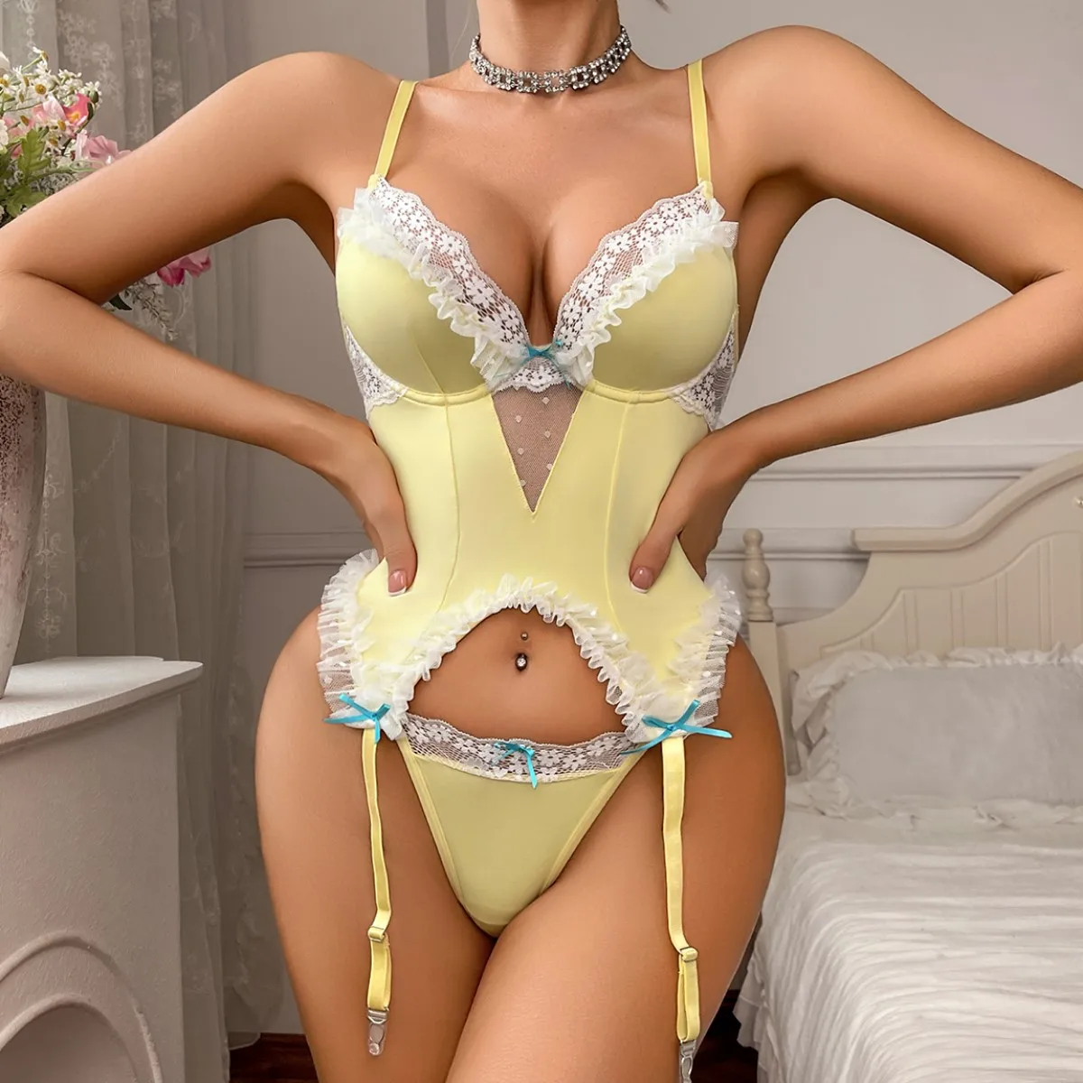 MUZISKAT 2025 New Perspective Mesh Splicing Lace Lace Design Sensual Sleeping Skirt Sexy Underwear Two Piece Set