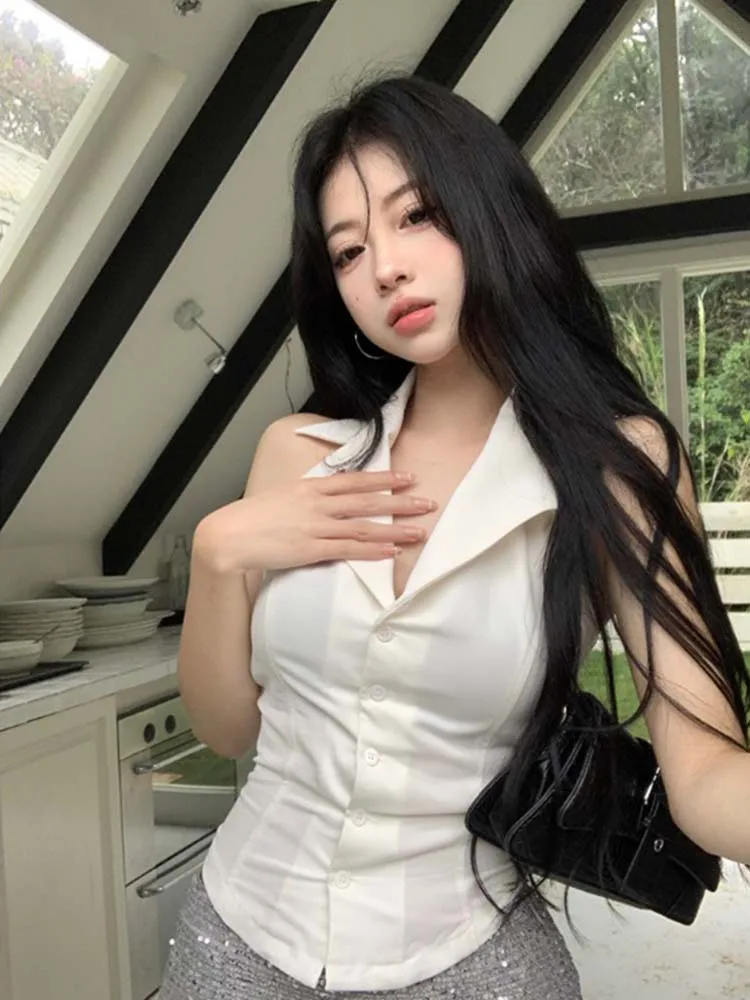 

Pure Desire Girl Sle Suit Collar Svel irt Women's Summer 2025 Sexy Bal Slim Hanging Ne Top Korean Version Co...