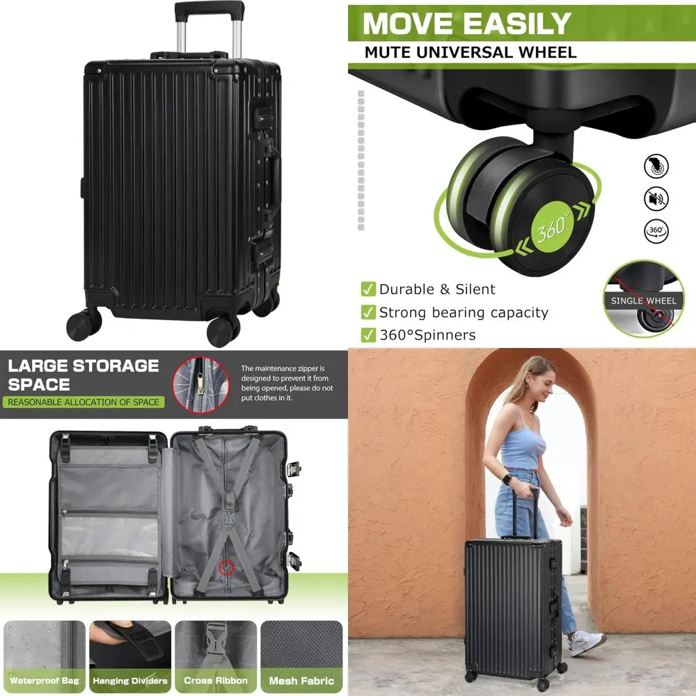 Maleta de equipaje con cerradura TSA de carcasa dura con marco de aluminio, 28 pulgadas, color negro, sin cremallera, esencial para viaje