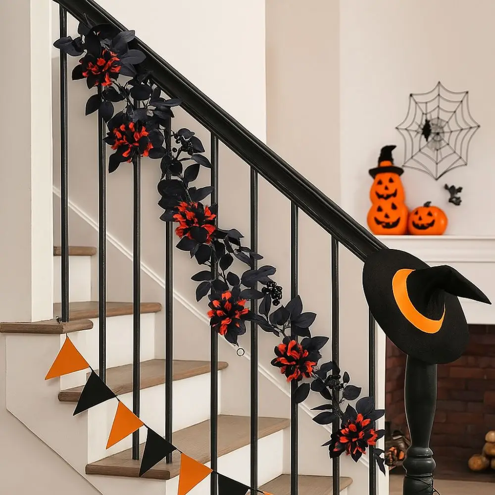 

Black Halloween Rose Leaf Vines Simulated Flowers Realistic Artificial Rose Vines 175cm Handmade Halloween Garland