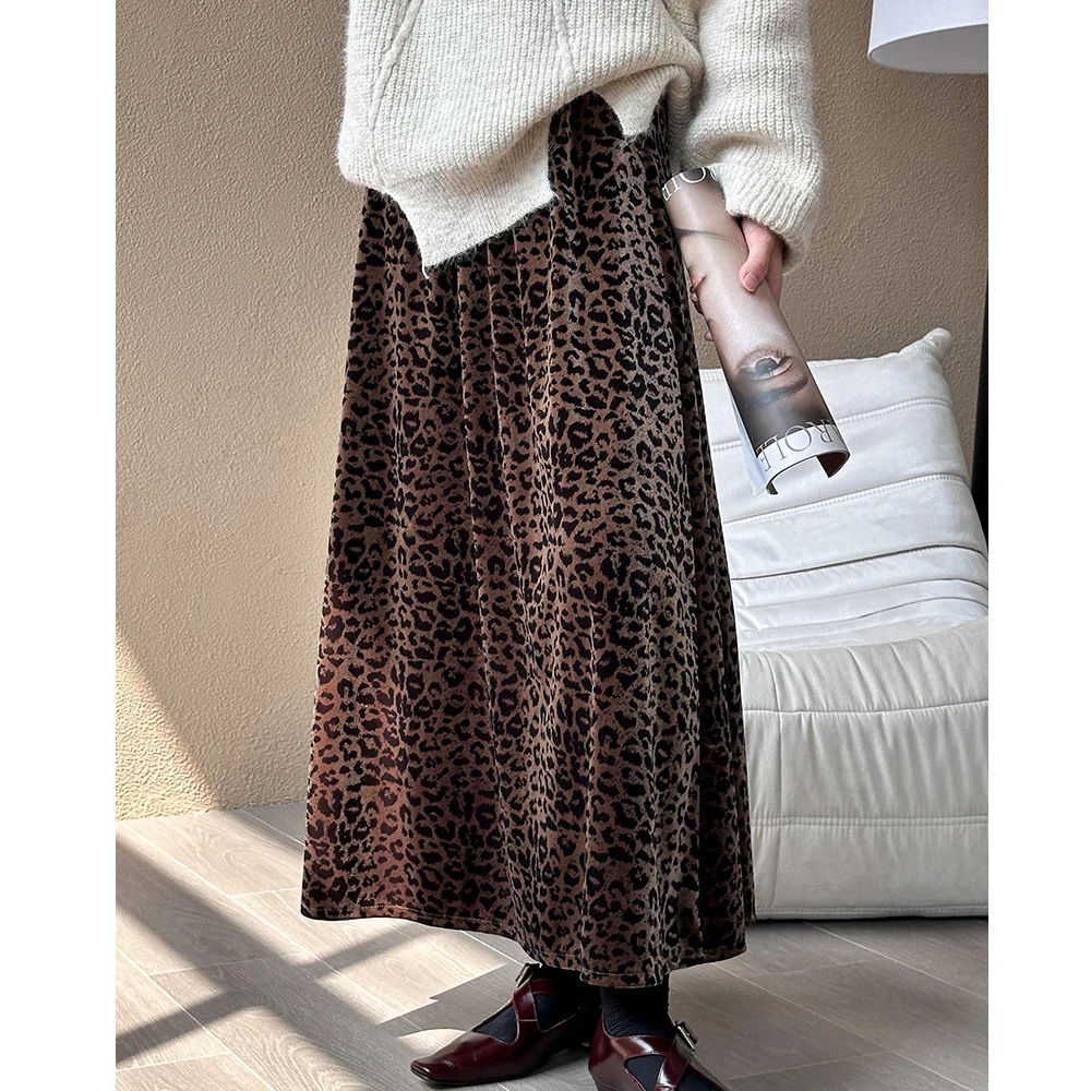 2024 Women\'s A-Line Leopard Long Skirt Stretch High Waist Elegant Autumn Maxi Skirt Femme Faldas Jupe Saia Vintage Brown Skirt