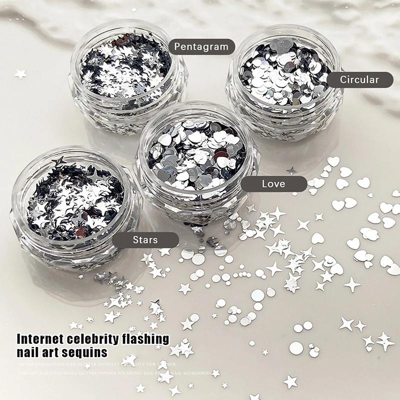 Shiny Silver Sequins Nail Art Stickers 1 Jar Mix Shapes Starlight Love Star Slice Manicure Paillette Charms for DIY Beauty