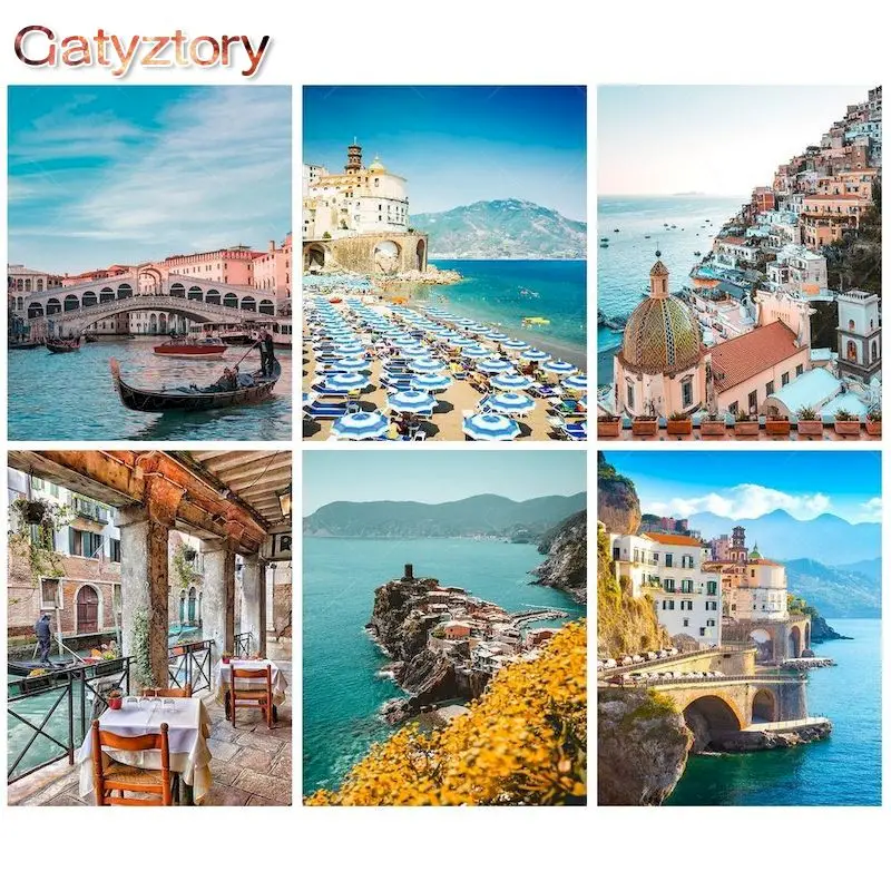 

GATYZTORY Frame DIY Oil Painting By Numbers Seaside City Landscape Paint By Numbers For Adults Coloring By Numbers For Home