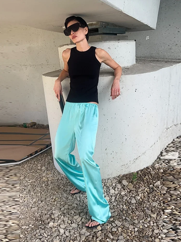 Herbst Damen Mintgrüner Satin 2-Teiliger Anzug Stehkragen Reißverschluss Vorne Lose Langarm-Bluse Weite Hose Urlaubs-Matching-Anzug – Detail 18