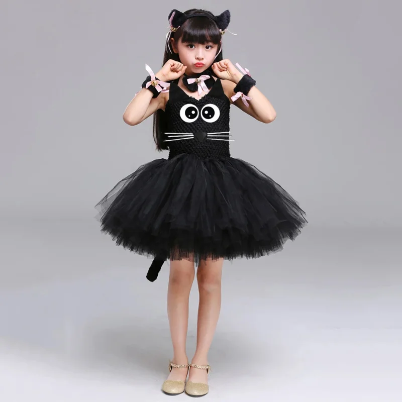 Kitty tutu dress outfit for Kids black cat animal Halloween costumes toddler Baby Girl fancy performance birthday party dress